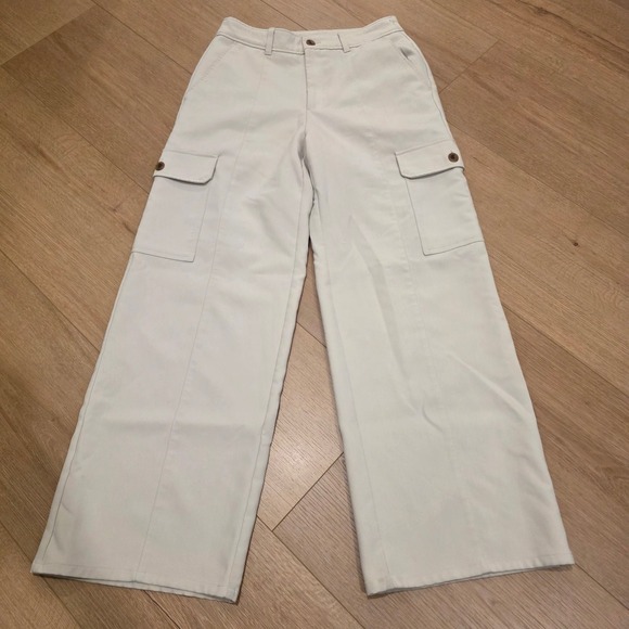 Gu Pants - GU Women Wide Leg Cargo Pants Beige Off White High Waist Size L Japanese Style